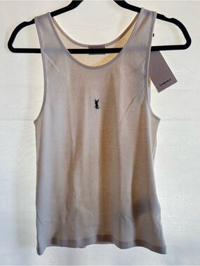 Yves Saint Laurent Ribbed Cassandra Tank Top in Light Beige with Black Logo